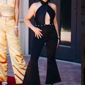 Crossover halter top jumpsuit with 3-D printed beads